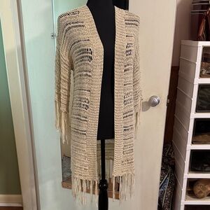 Beige Open Knit Fringe Cardigan Cover up S/M
